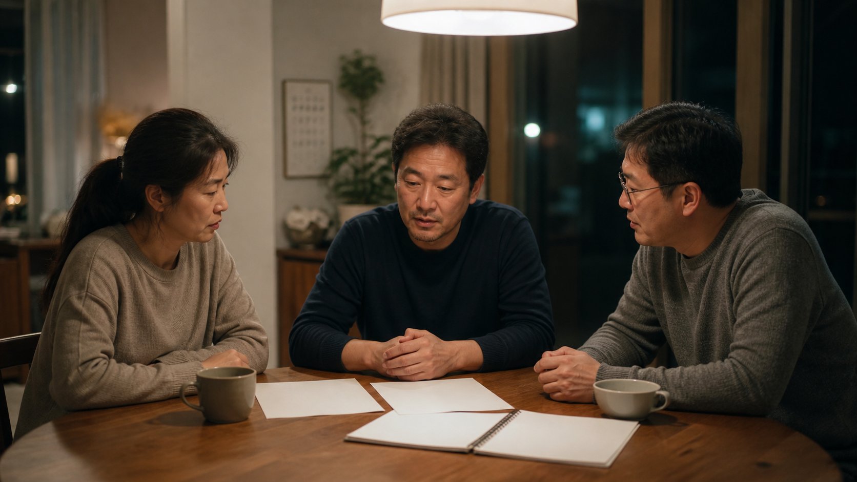 가족들이 식탁에 모여 서류를 보며 상의하는 모습