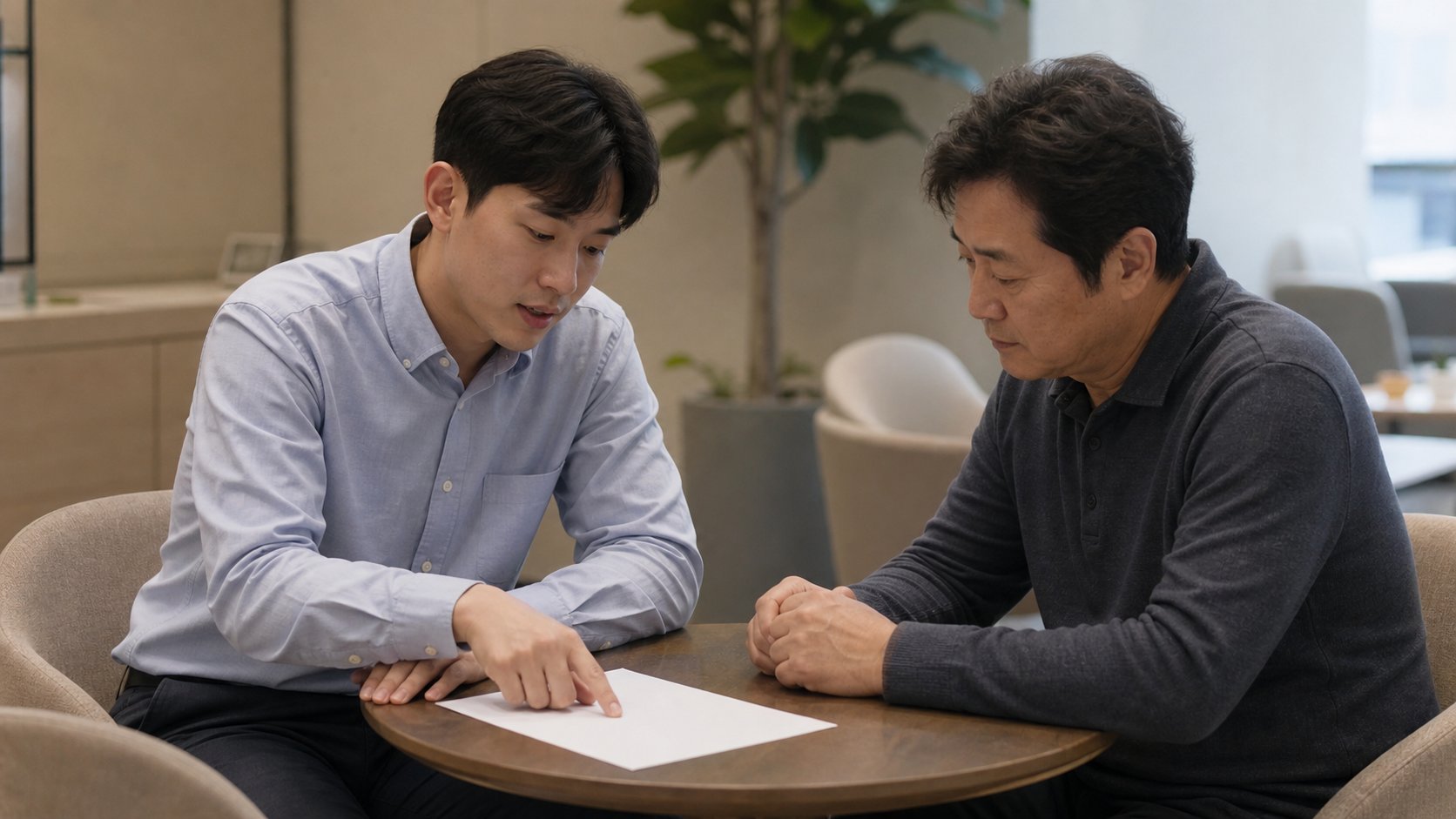 상담 창구에서 상담원이 장례비 준비 방법을 설명하는 장면