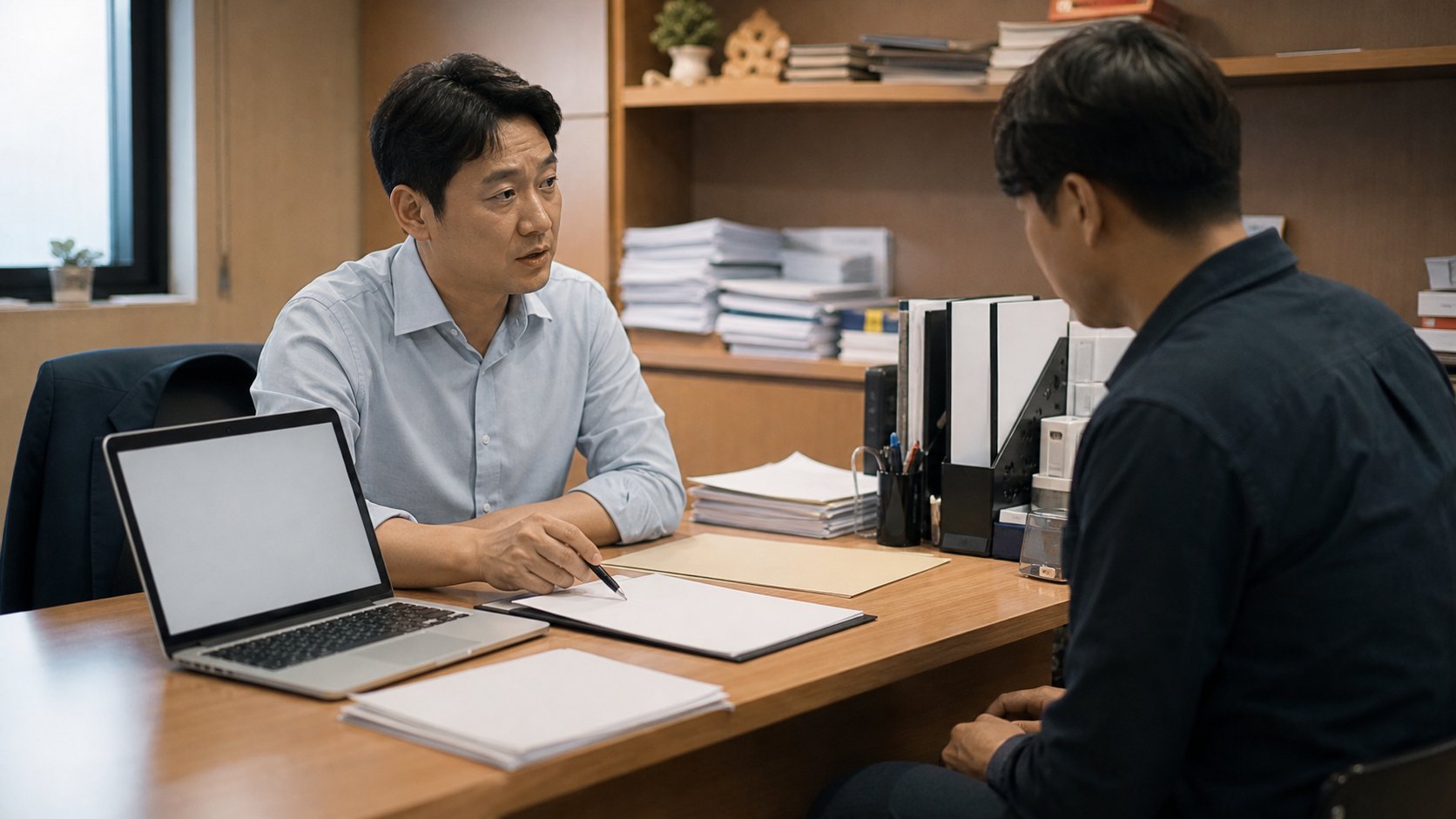 세무 상담실에서 상담사가 유족에게 사업 정리 절차를 설명하는 장면
