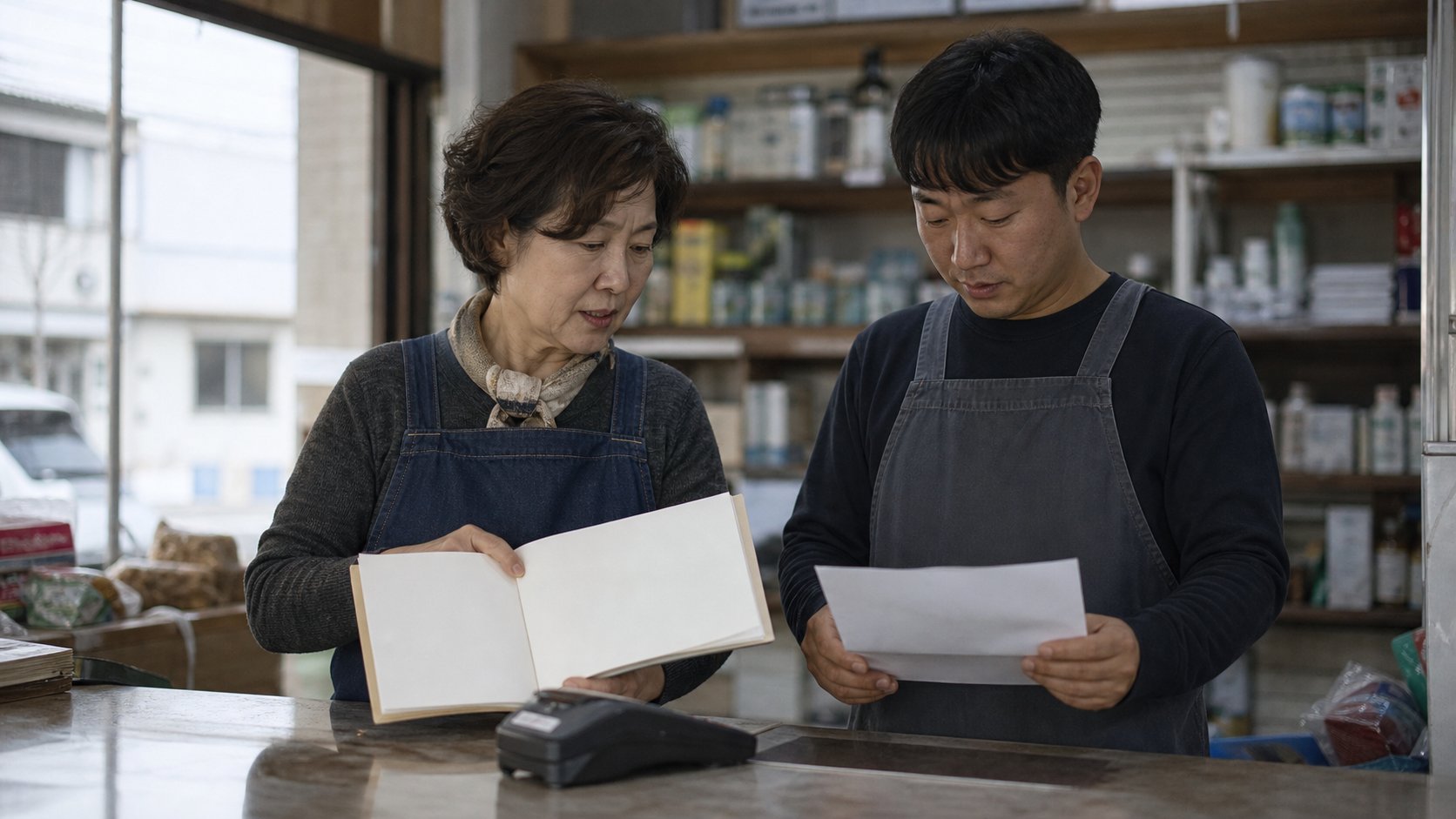 가족이 매장 카운터에서 장부와 서류를 확인하는 모습