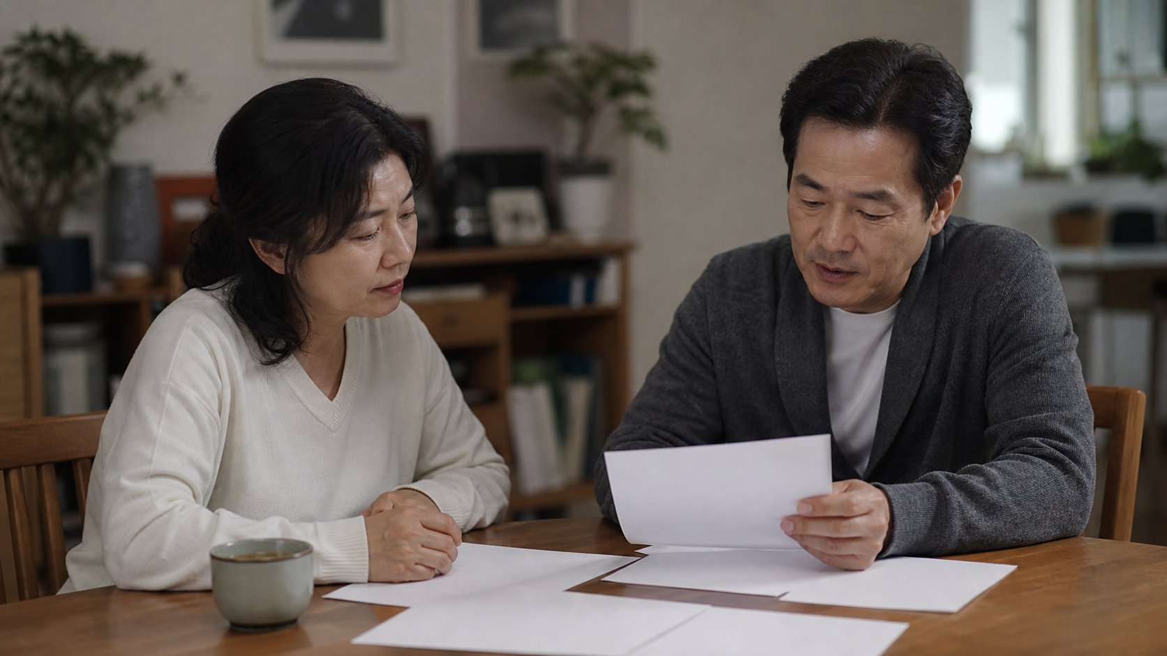가족이 집에서 산재 관련 서류를 놓고 상의하는 모습
