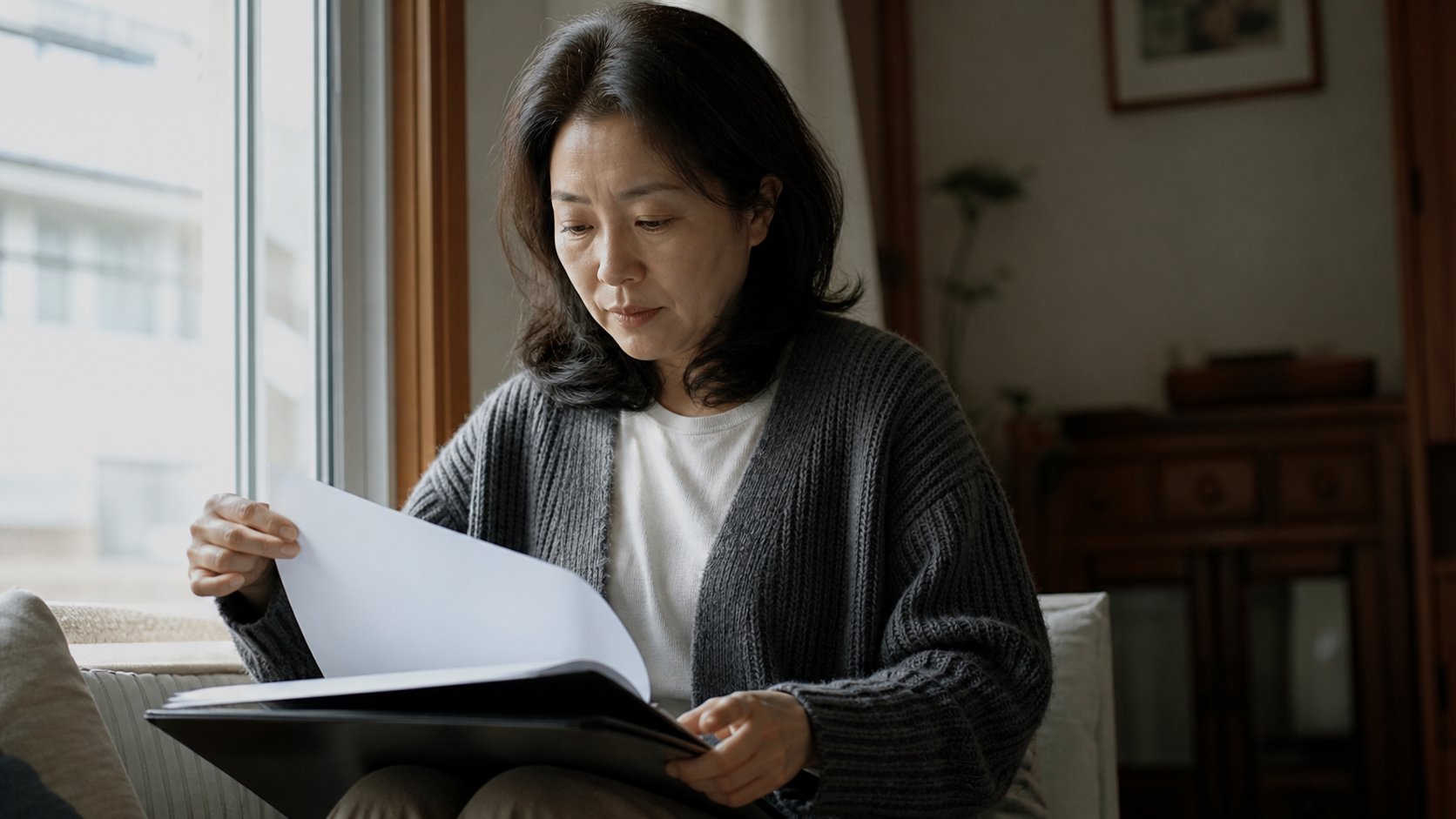 유족이 창가에서 급여 관련 서류철을 살펴보는 모습