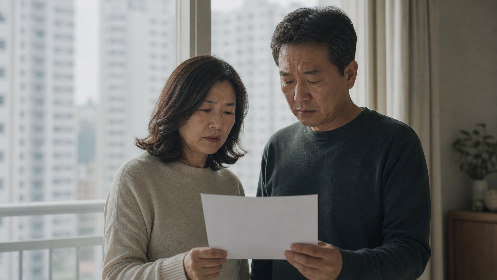 부부가 창가에서 상속 부동산 관련 서류를 확인하는 모습