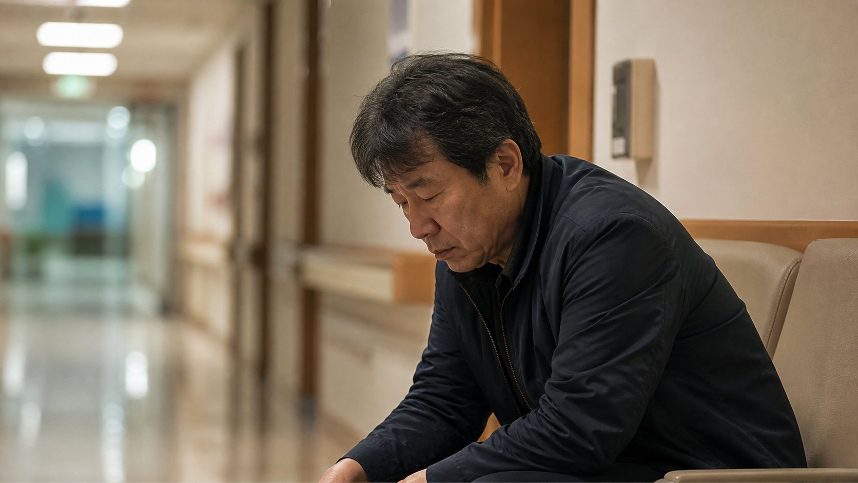 병원 복도에서 간병으로 지친 자녀가 잠시 쉬는 모습
