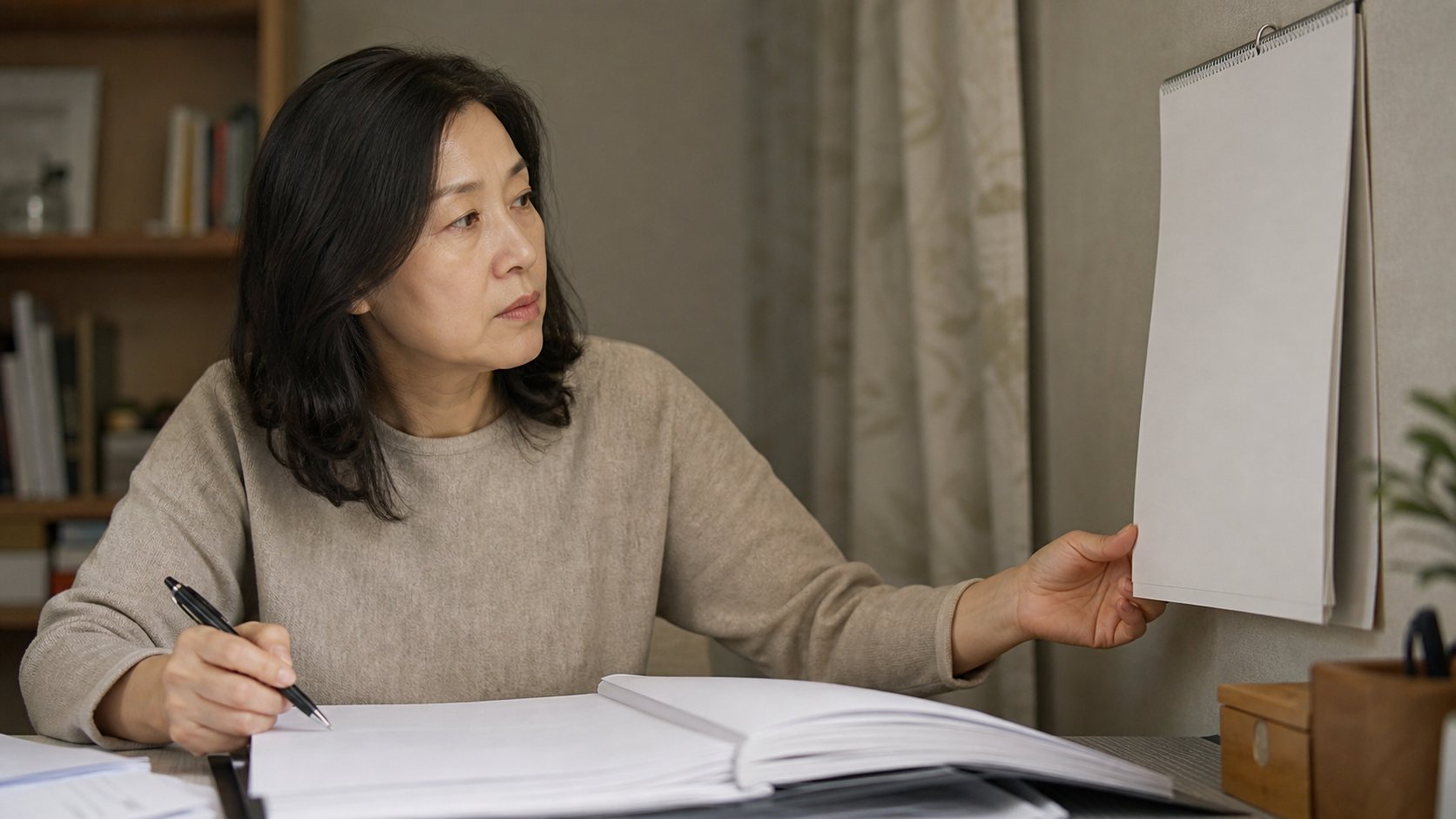 달력과 서류를 보며 증여 시점을 확인하는 모습