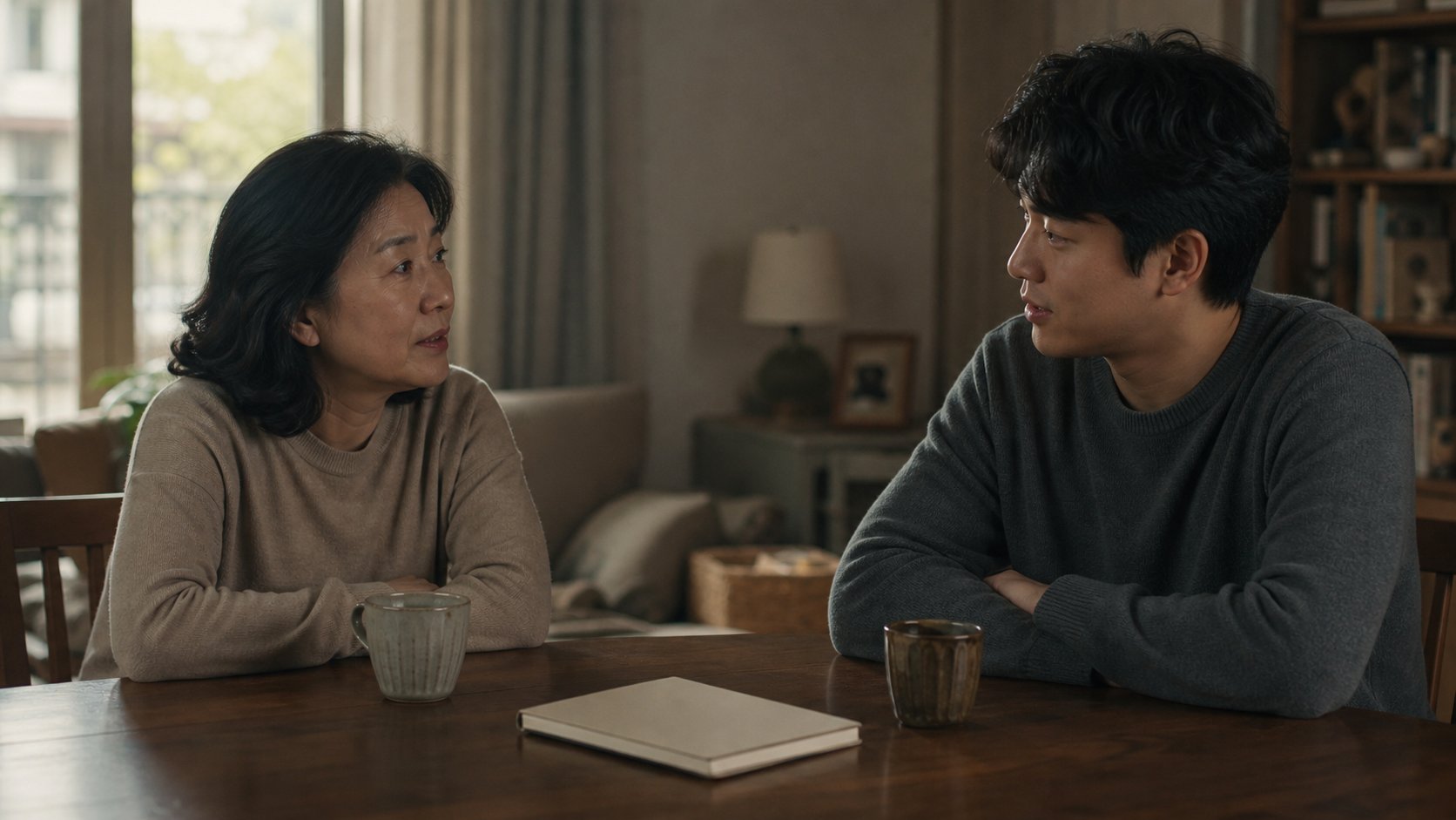 부모가 성장한 자녀와 마주 앉아 이야기하는 모습