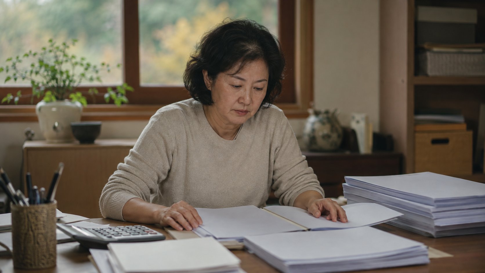 책상에서 서류를 정리하며 세금을 계산하는 모습