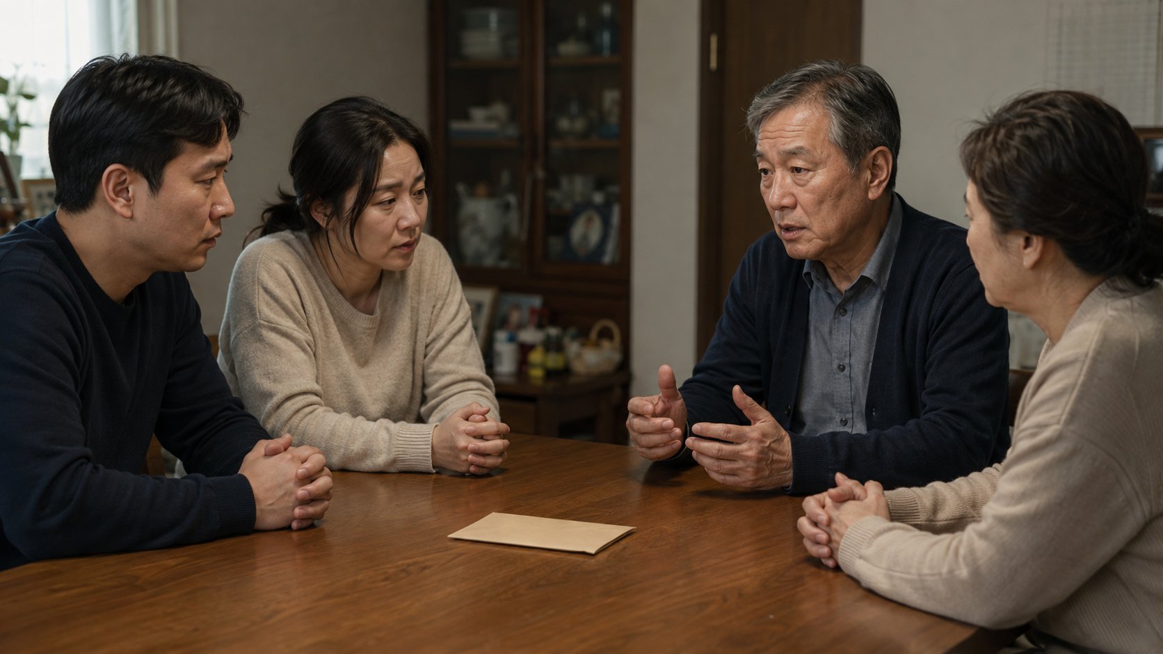 가족이 모여 유언장 처리를 상의하는 모습