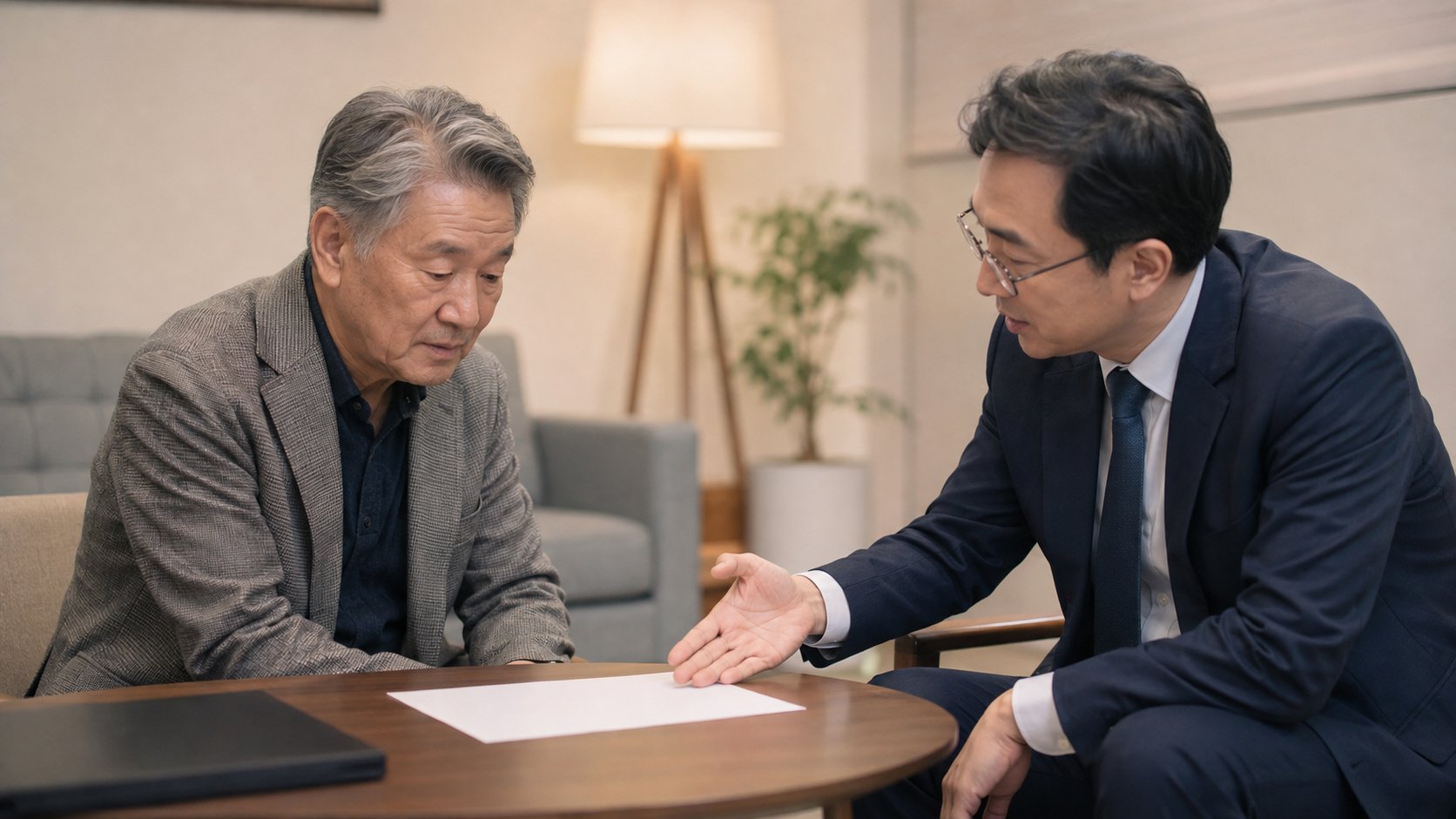 상담실에서 전문가와 유언장 서류를 검토하는 모습