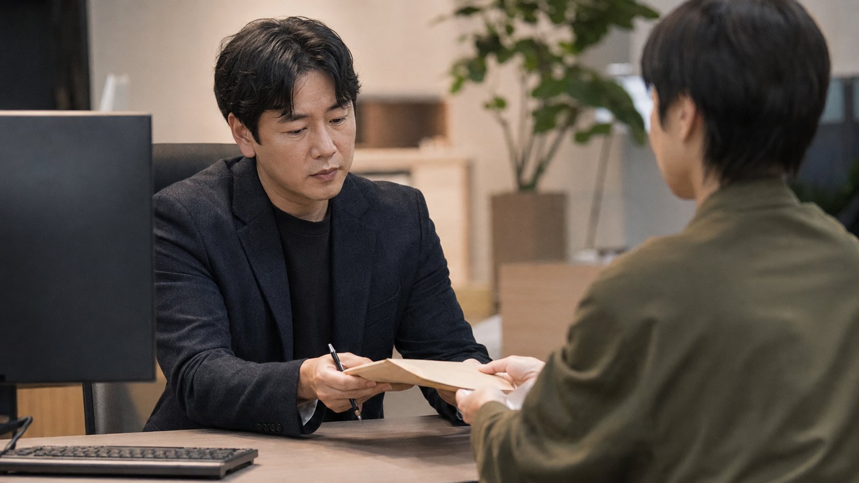 사무실에서 담당자가 서류를 건네받아 검토하는 모습