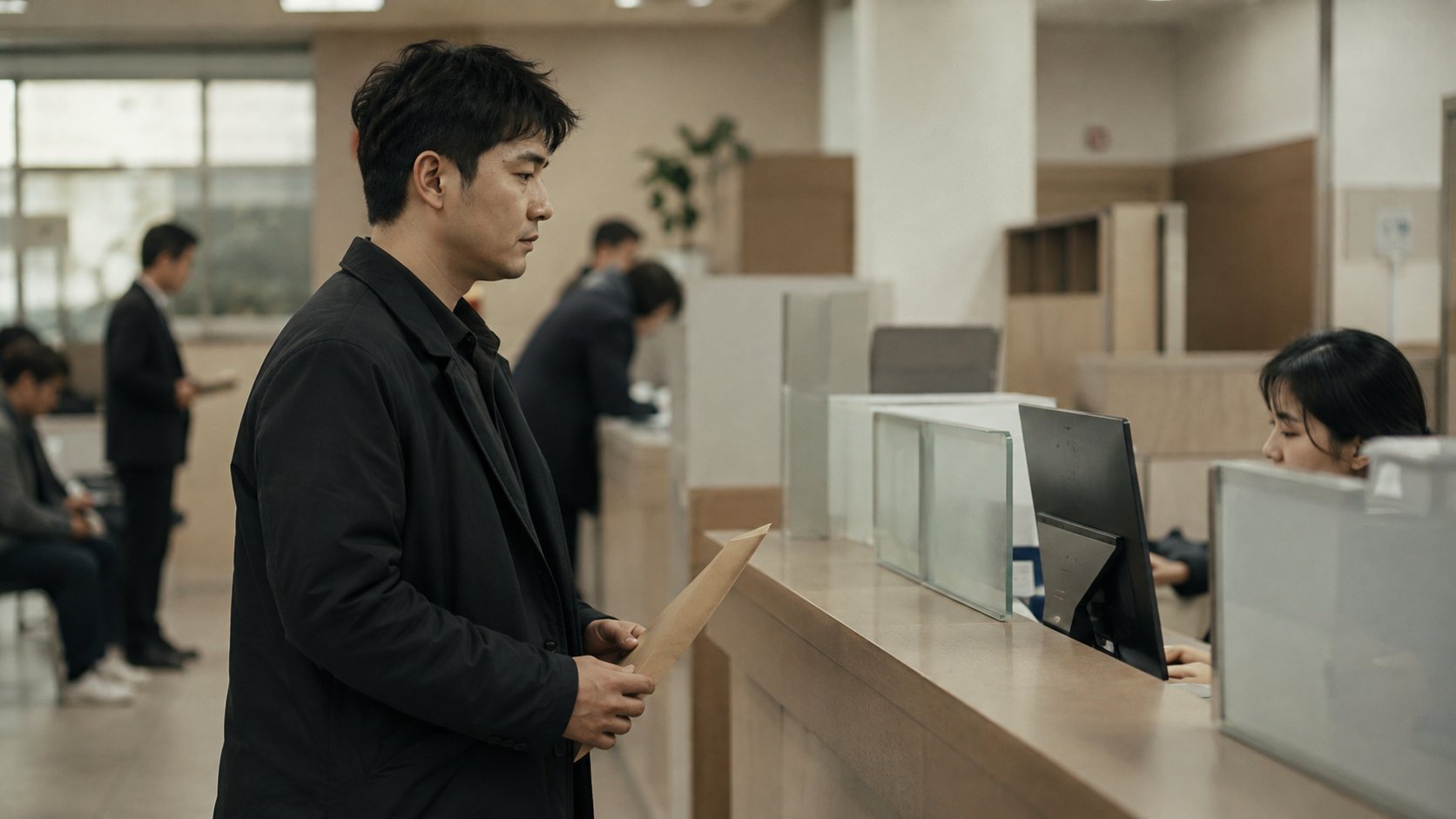 법원 민원실 창구에서 서류 봉투를 들고 접수를 기다리는 모습