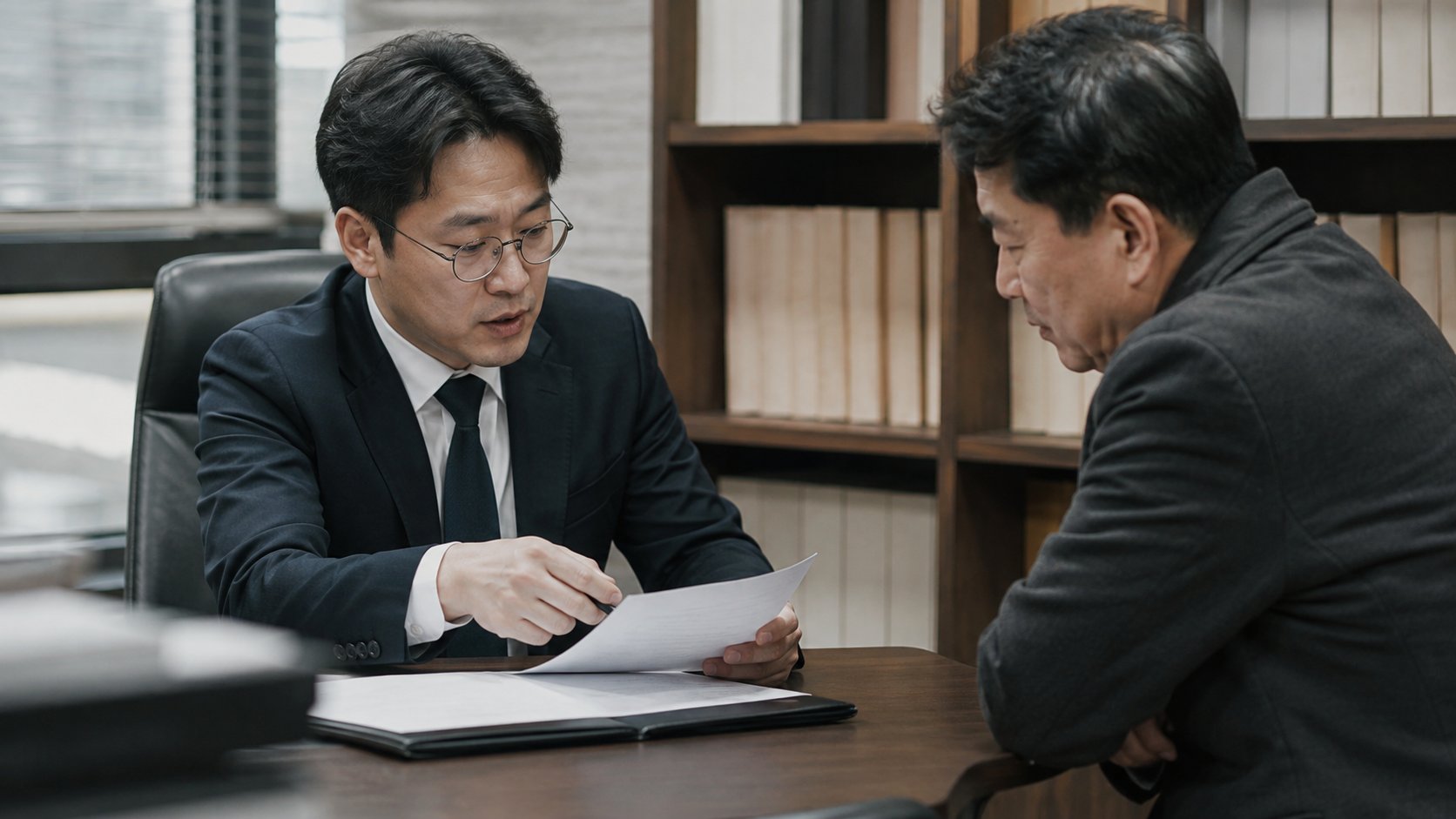 법률 사무실에서 상담자가 서류를 짚어 가며 설명하는 모습