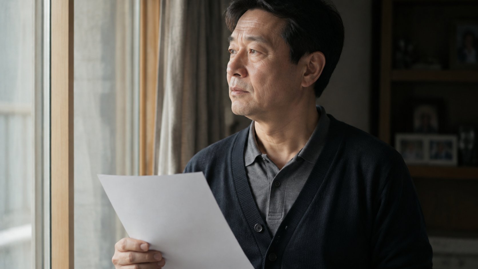 창가에서 서류를 든 채 생각에 잠긴 중년 남성의 모습
