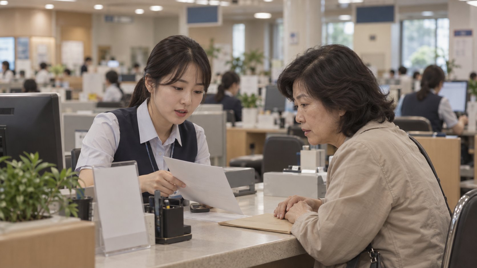 세무서 창구에서 상속인이 신고 절차를 상담받는 모습