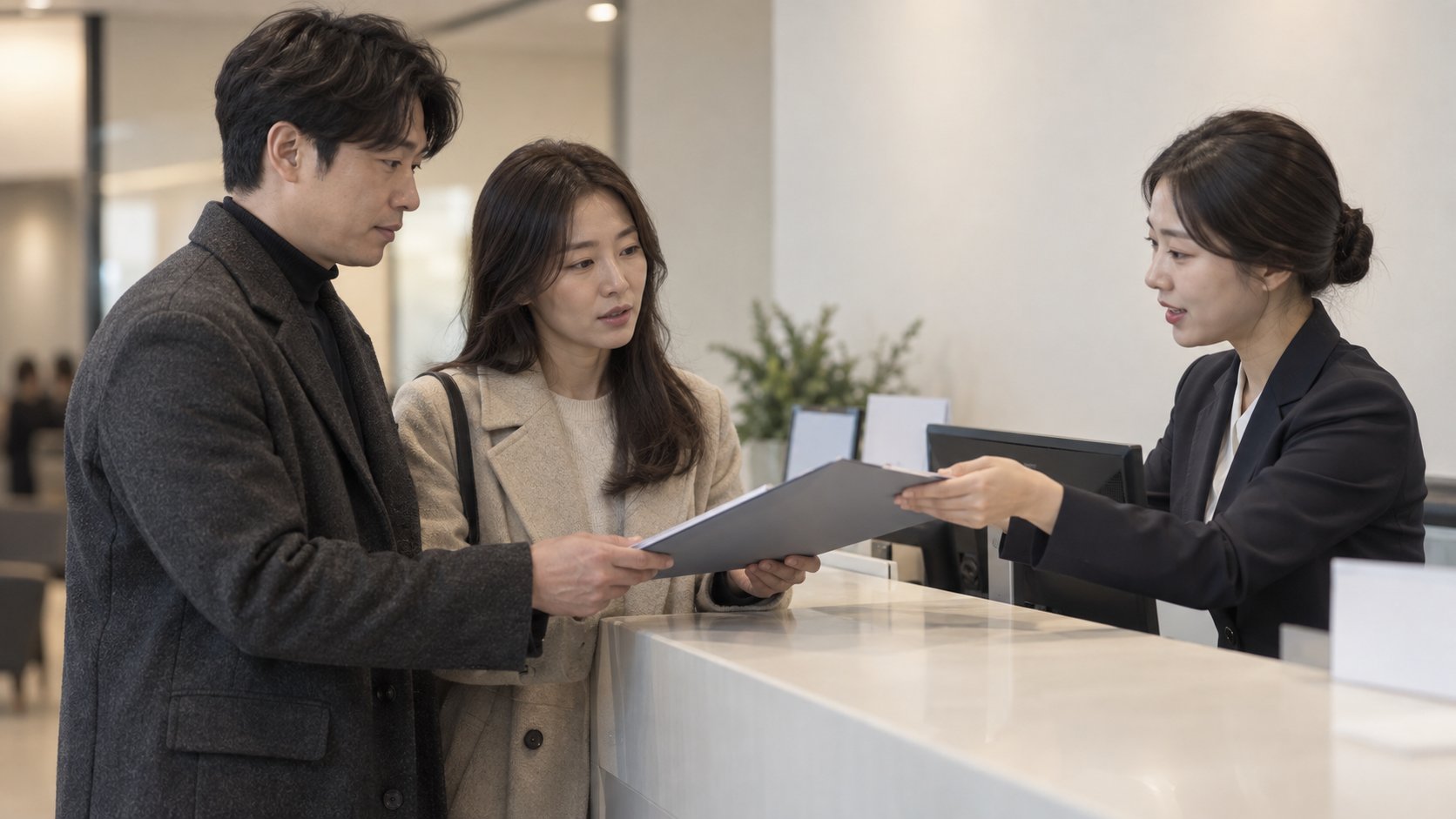 거래소 창구에서 상속 서류를 제출하고 안내받는 모습