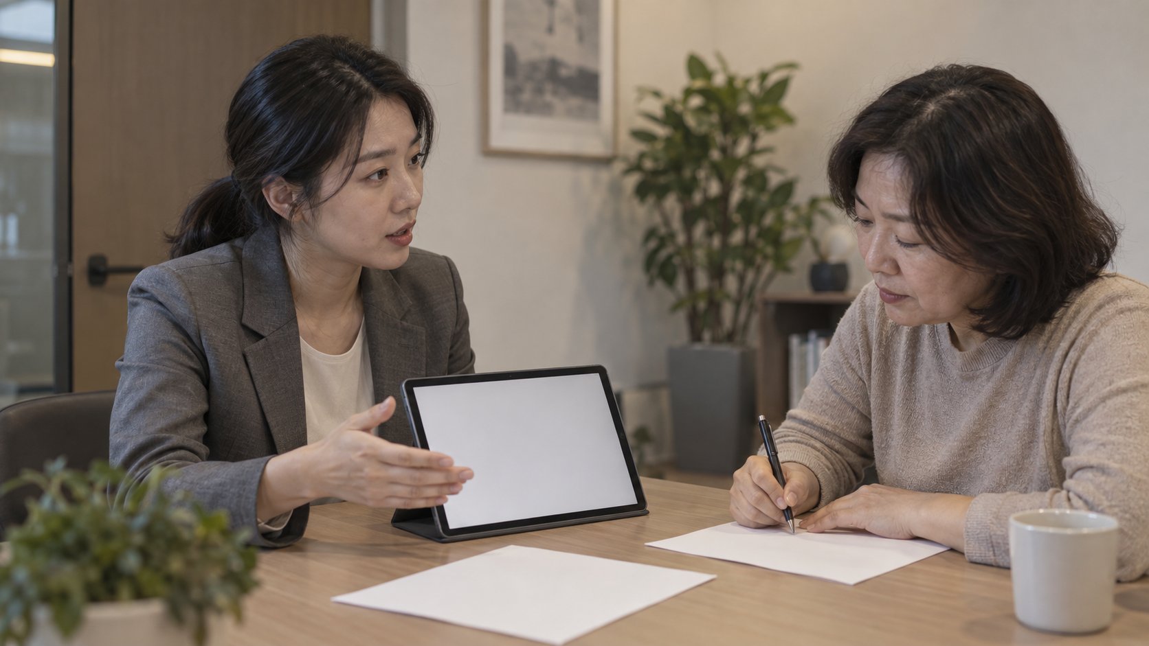상속인이 가상자산 상속세 신고 절차를 상담받는 모습