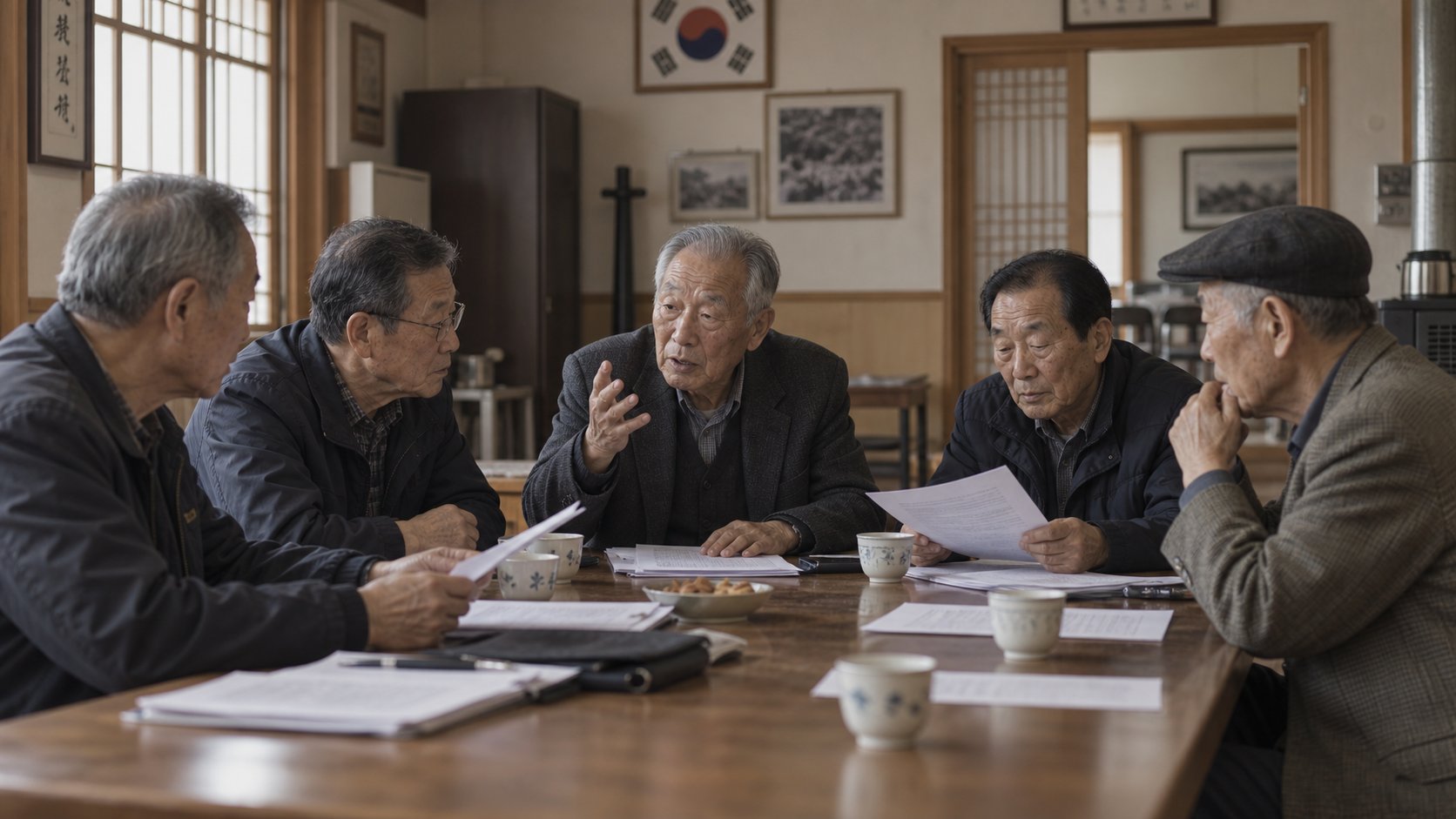 문중 어른들이 모여 안장 문제를 의논하는 모습