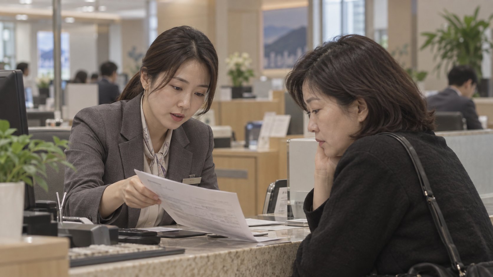 은행 창구에서 상속인이 대출 잔액 서류를 안내받는 모습