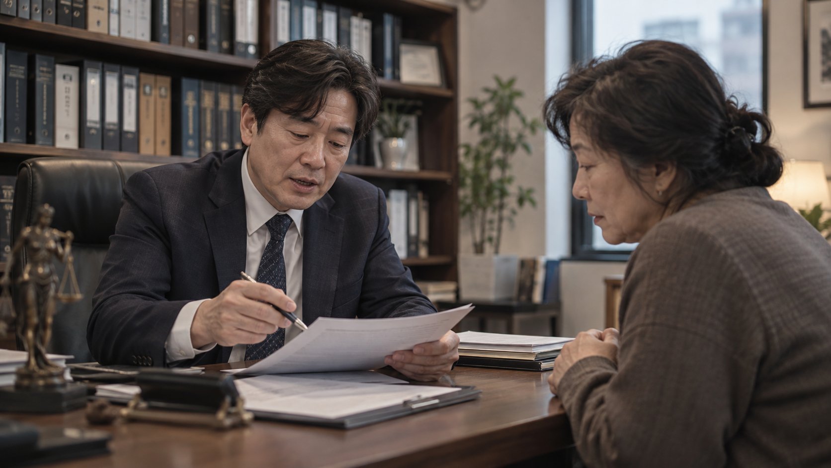 상속 서류를 검토하며 법률 상담을 받는 모습