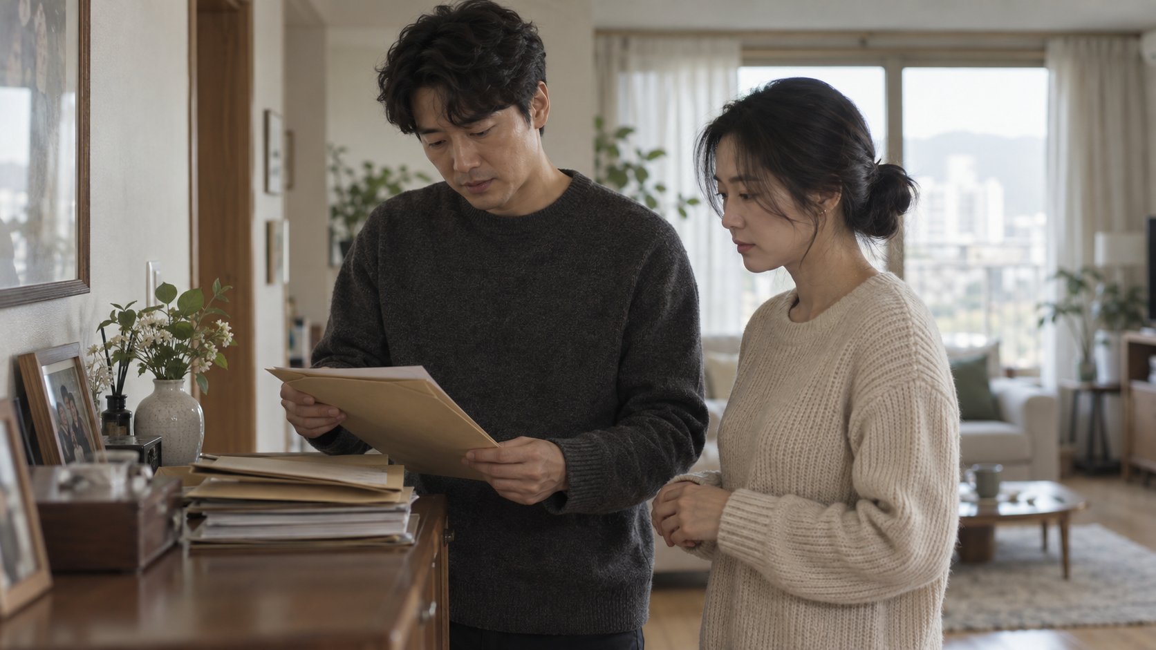 형제가 서류 봉투를 정리하며 보험금 처리를 상의하는 장면