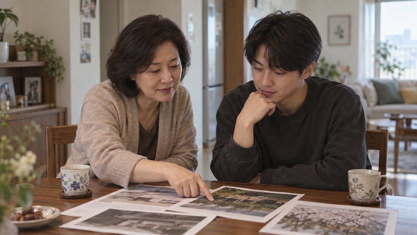 가족이 나란히 앉아 정리할 서류 항목을 확인하는 장면