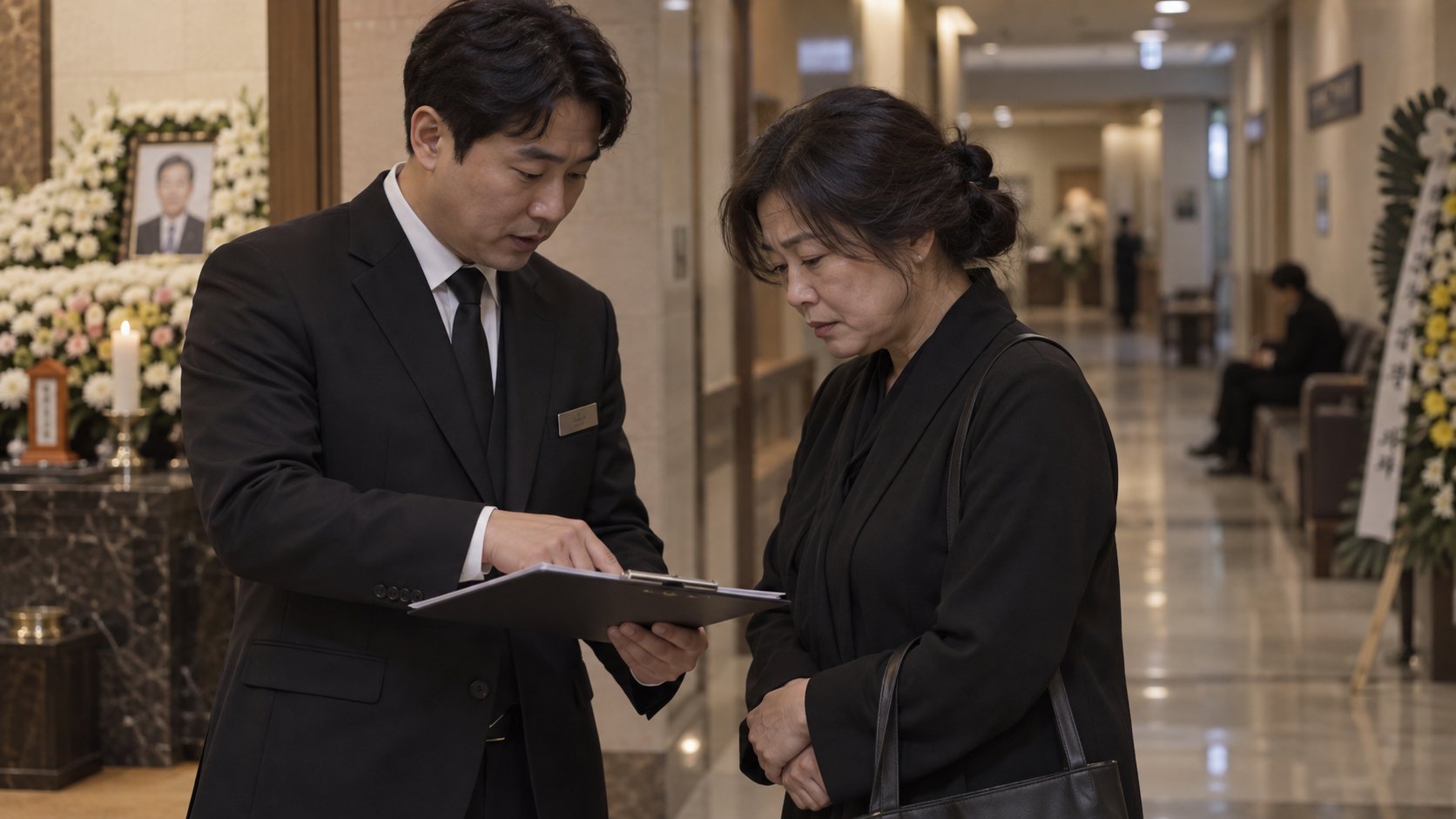 유가족이 장례지도사에게 장례용품 가격 안내를 받는 모습