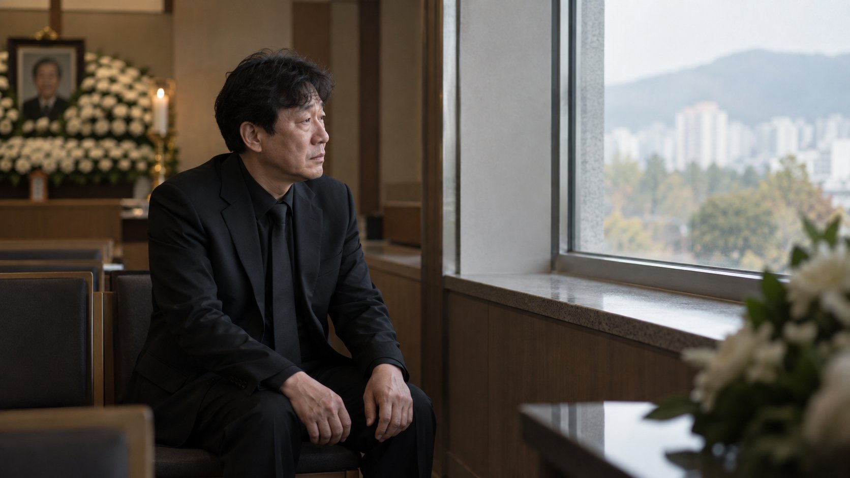 장례식장 창가에서 상주가 잠시 혼자 앉아 쉬는 모습