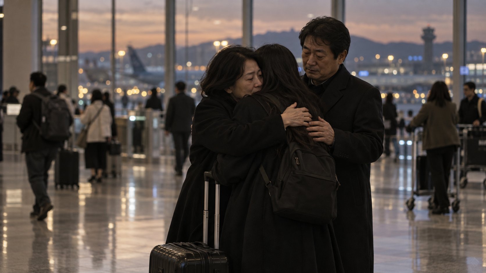 공항 도착장에서 늦게 도착한 가족을 맞이하는 모습