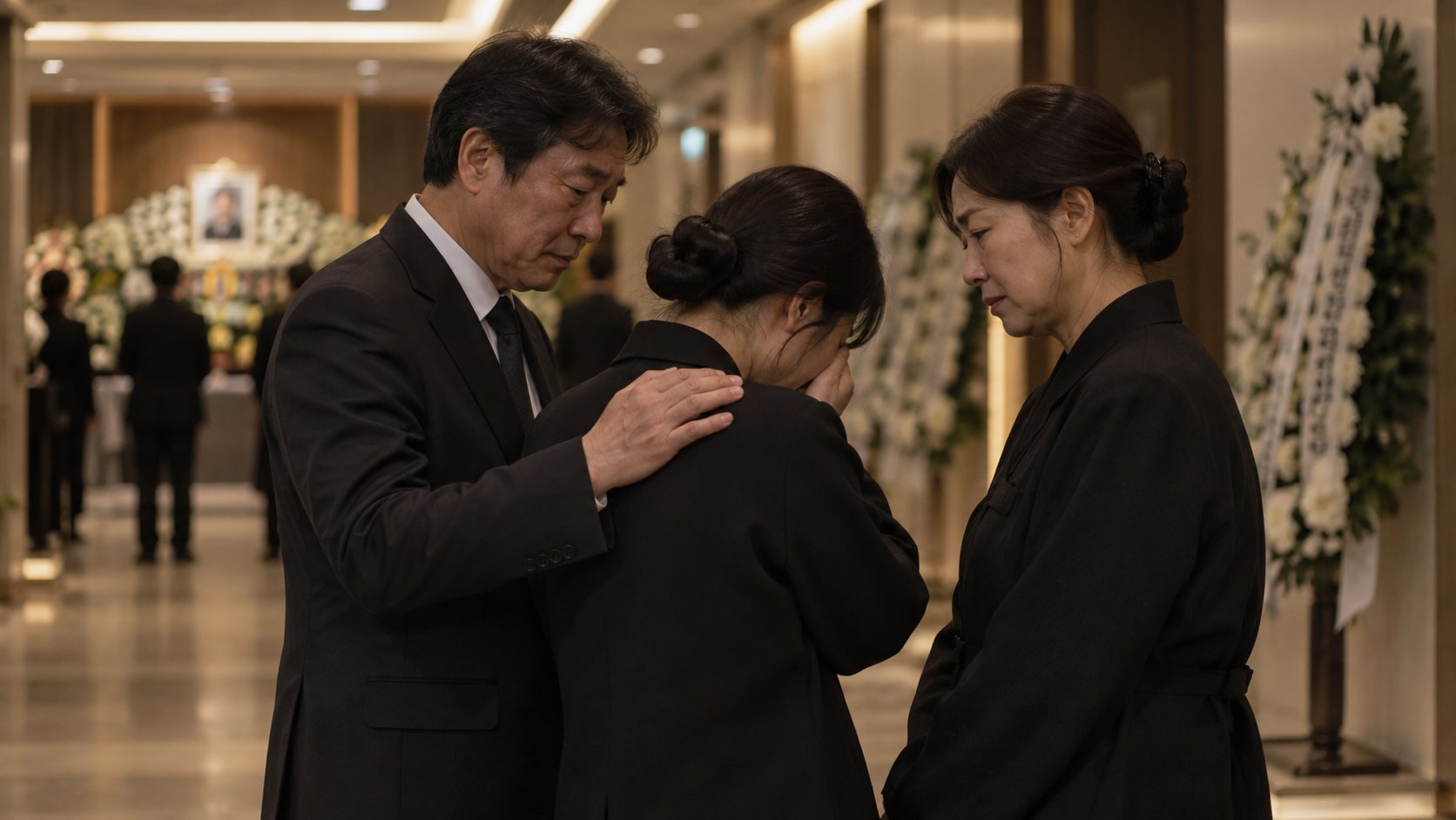 장례식장 복도에서 가족이 서로를 다독이는 모습