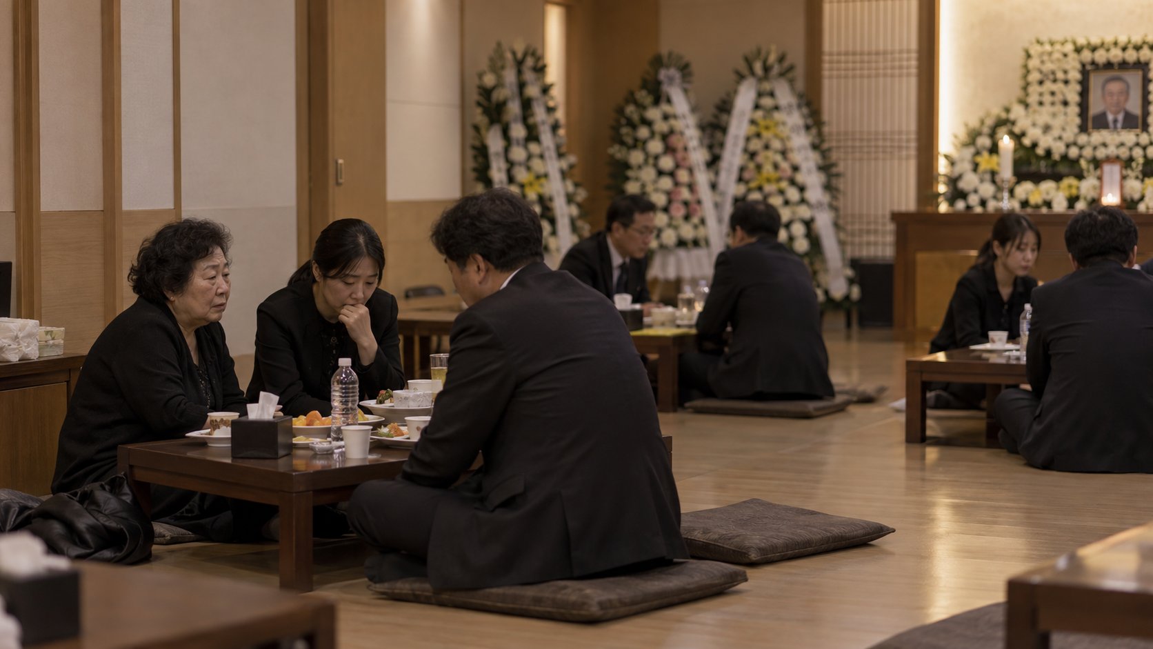 조문객이 드문드문 앉아 있는 장례식장 접객실 내부