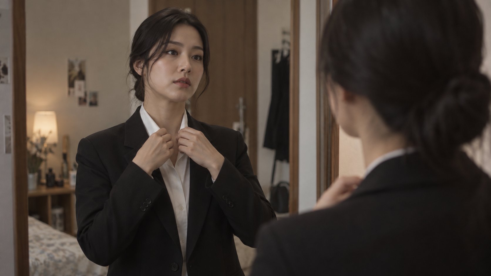 검은 정장을 입은 여성이 거울 앞에서 옷매무새를 정리하는 모습