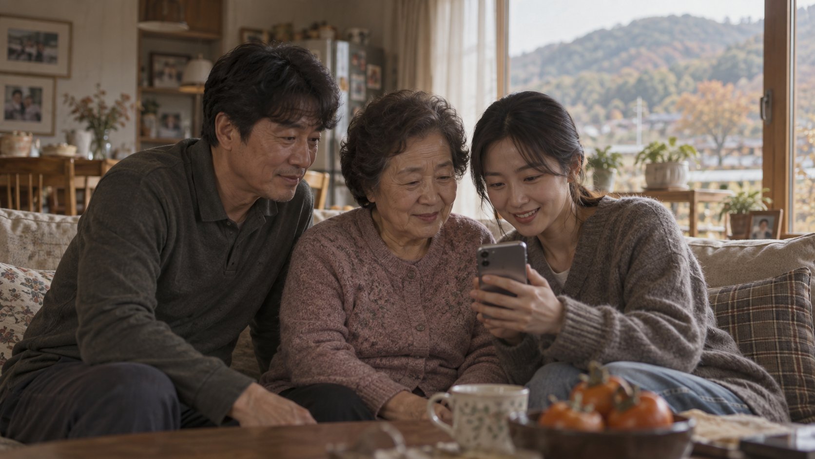 가족이 거실에서 전달받은 산소 사진을 함께 확인하는 모습