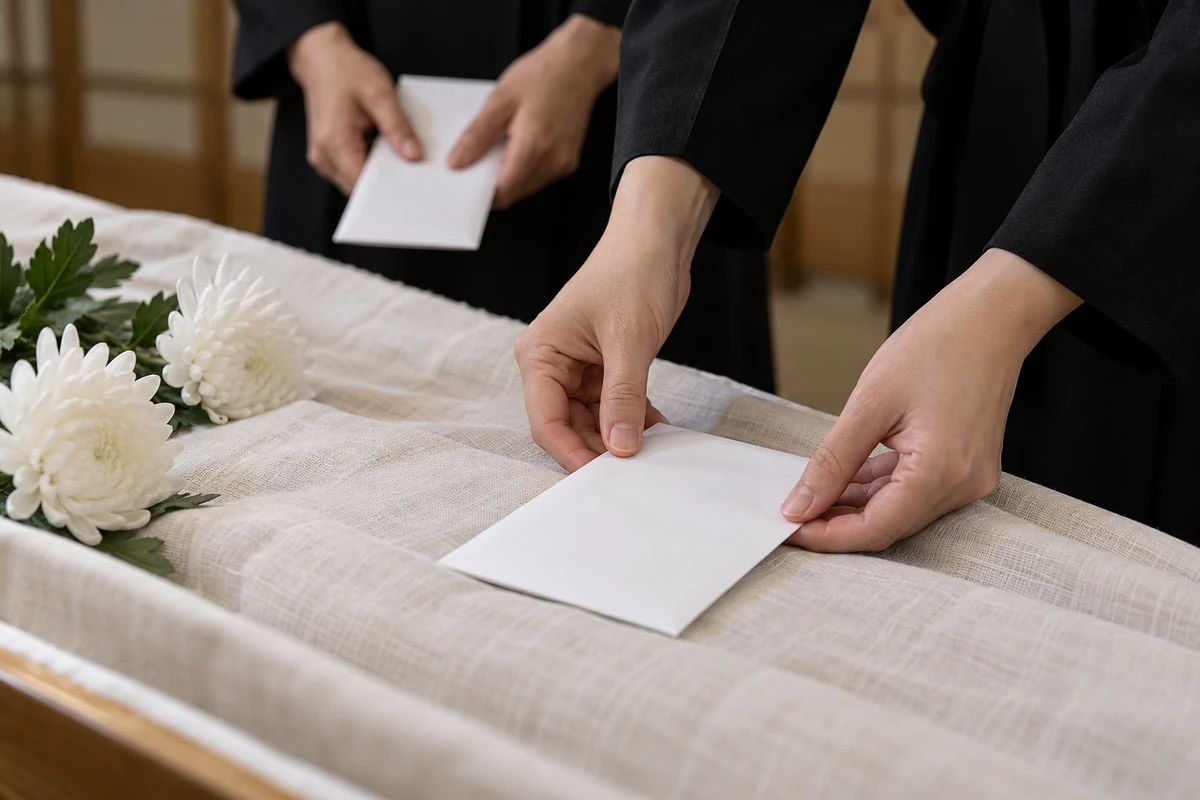 삼베 천 위 국화 곁에 접힌 편지 봉투를 놓는 두 손
