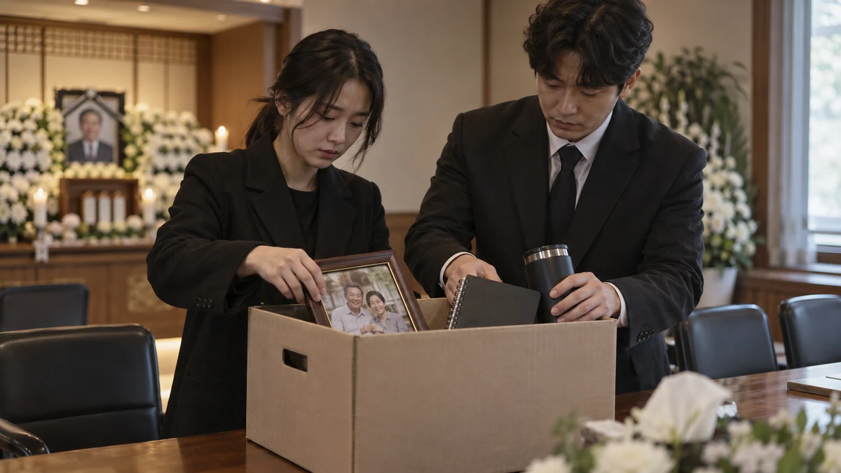 고인의 가족사진 액자와 수첩, 텀블러를 상자에 담는 동료 두 사람