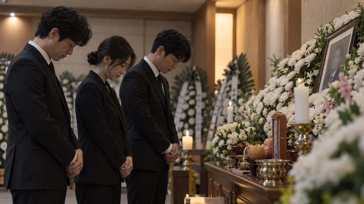 빈소 영정 앞에서 고개 숙여 묵념하는 회사 동료들