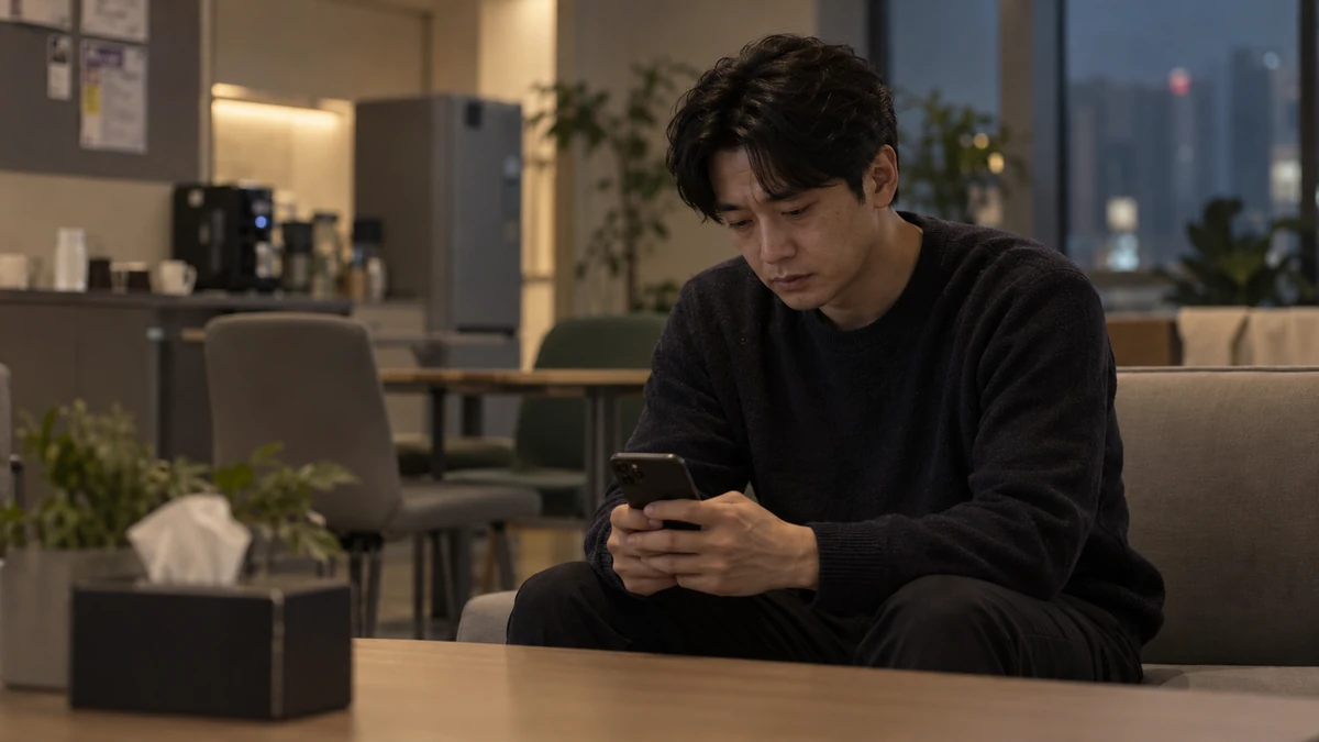 회사 휴게 공간에서 휴대폰으로 위로 메시지를 쓰는 직장인