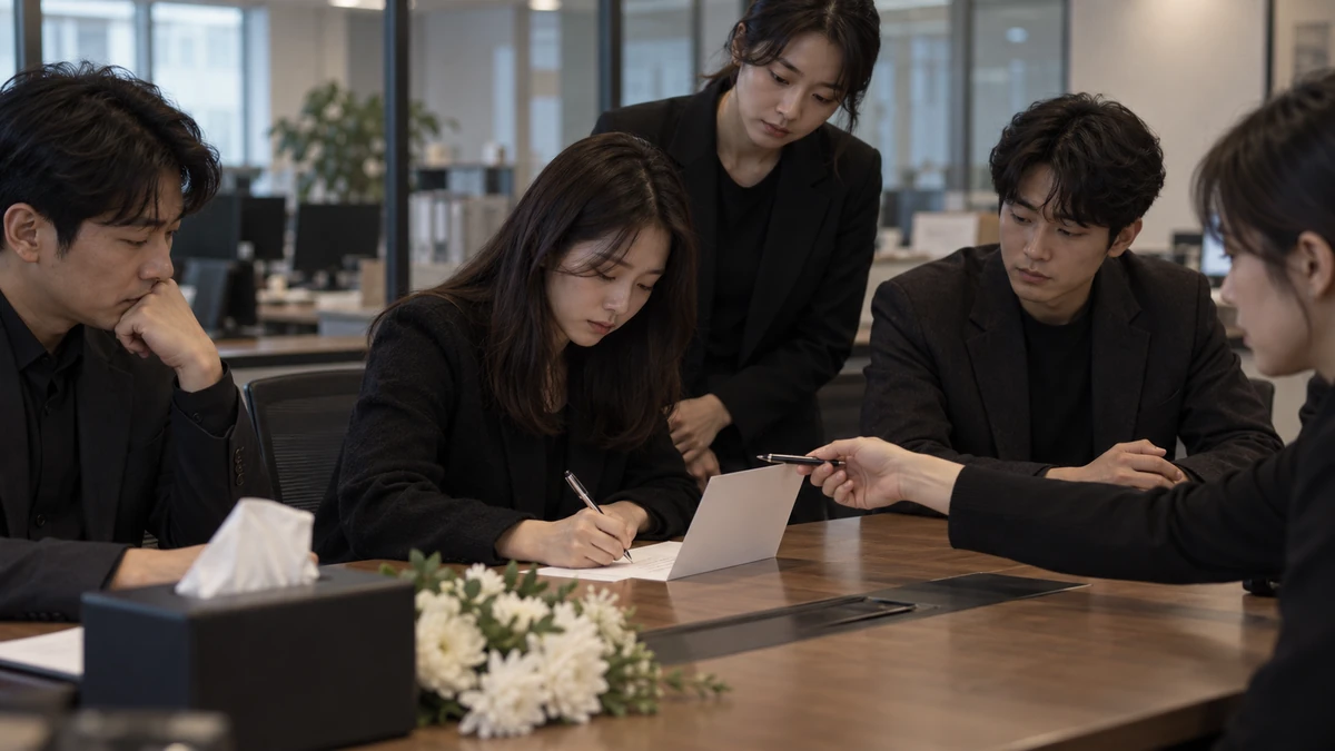 회의 탁자에서 동료들이 돌아가며 위로 카드에 글을 쓰는 모습