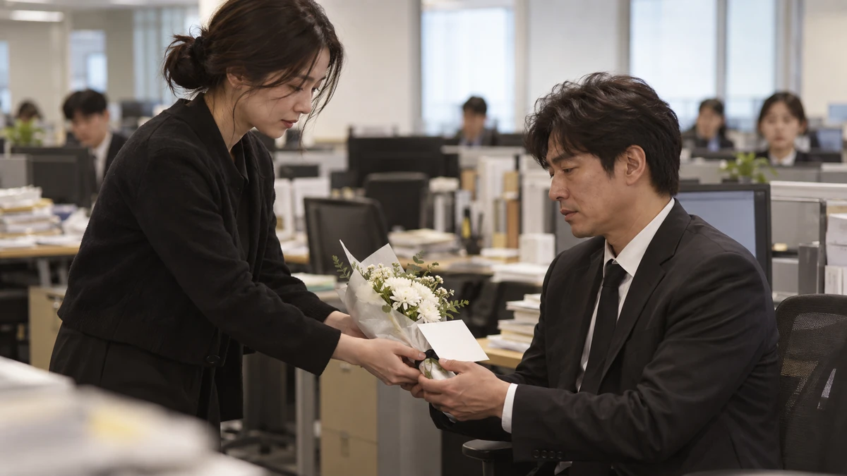 장례를 마치고 돌아온 동료에게 흰 꽃다발과 카드를 건네는 모습