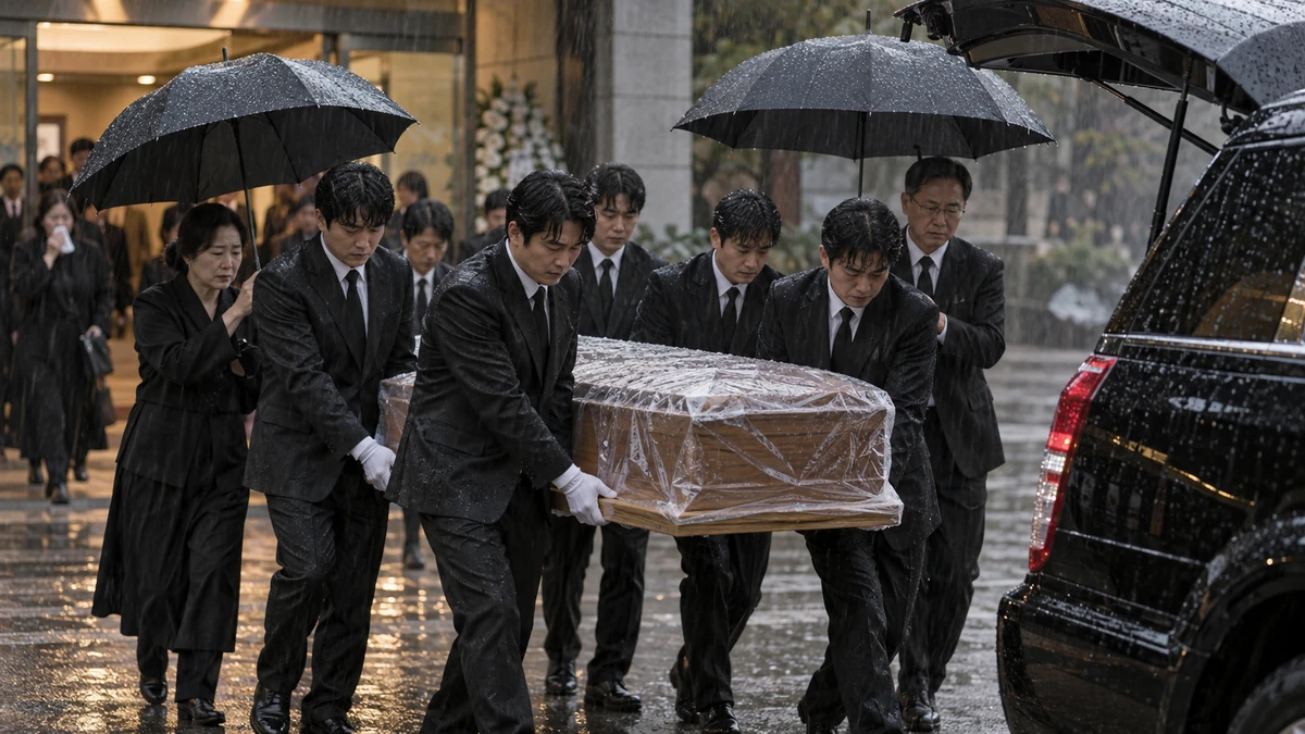 빗속에서 검은 우산 아래 관을 운구 차량으로 옮기는 운구 인원들