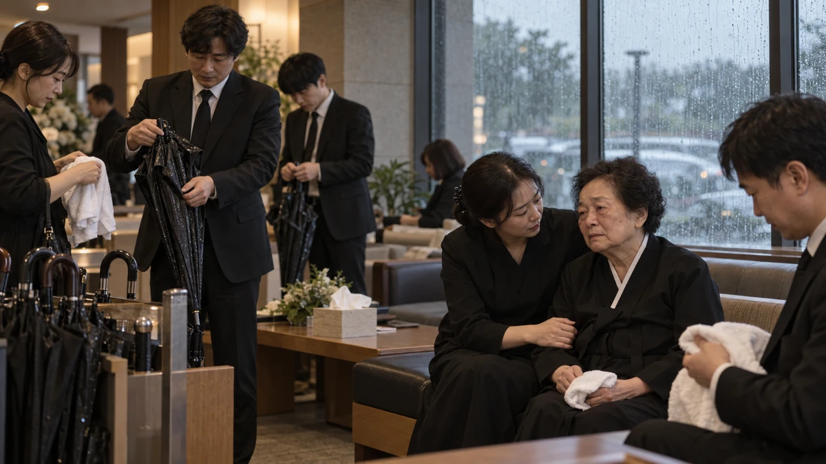 화장장 유족 대기실에서 젖은 우산을 정리하며 서로를 챙기는 가족들