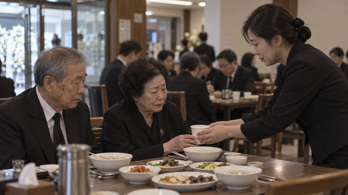 장례식장 접객실 입구 가까운 자리에 앉은 노부부와 곁에서 물컵을 건네는 딸