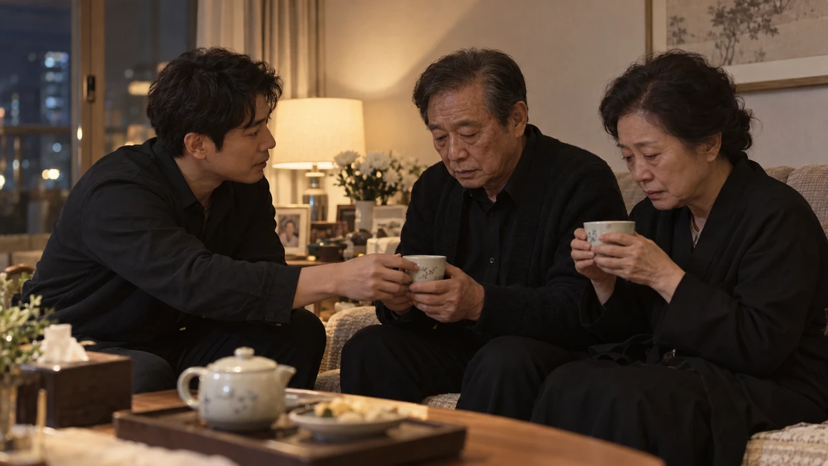 조문을 마치고 집 거실 소파에 앉은 노부모에게 아들이 따뜻한 차를 건네며 이야기를 들어 드리는 모습