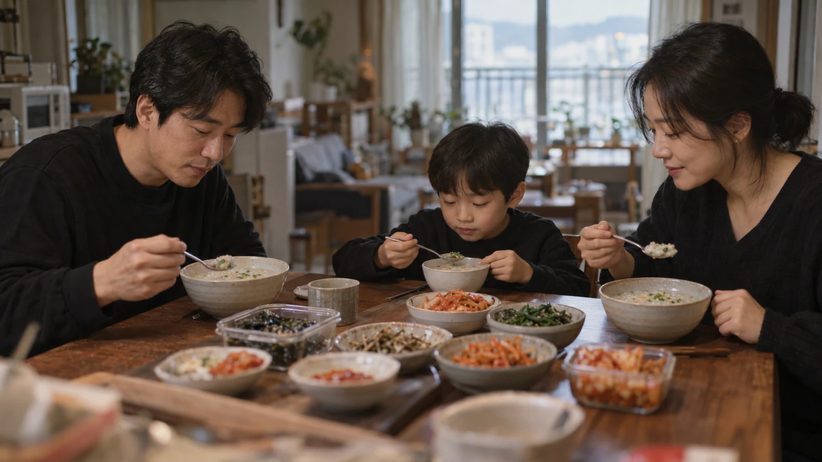 식탁 위에 정갈하게 담긴 밑반찬 통과 죽 그릇이 놓여 있고 유가족이 조용히 식사하는 모습