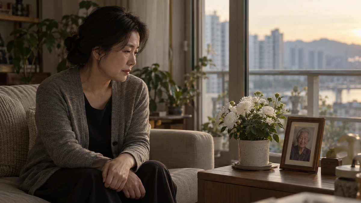 거실 창가에 놓인 흰 꽃 화분과 고인의 사진 액자 곁에 앉아 있는 중년 여성