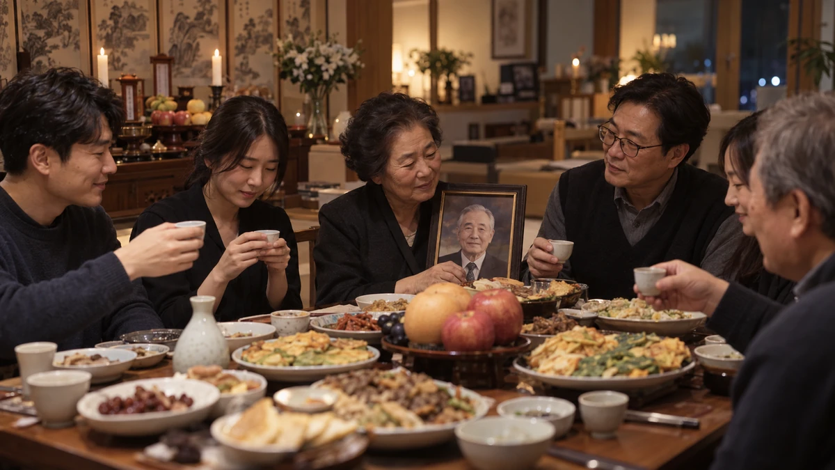 제사를 마치고 식탁에 둘러앉아 음복하는 가족