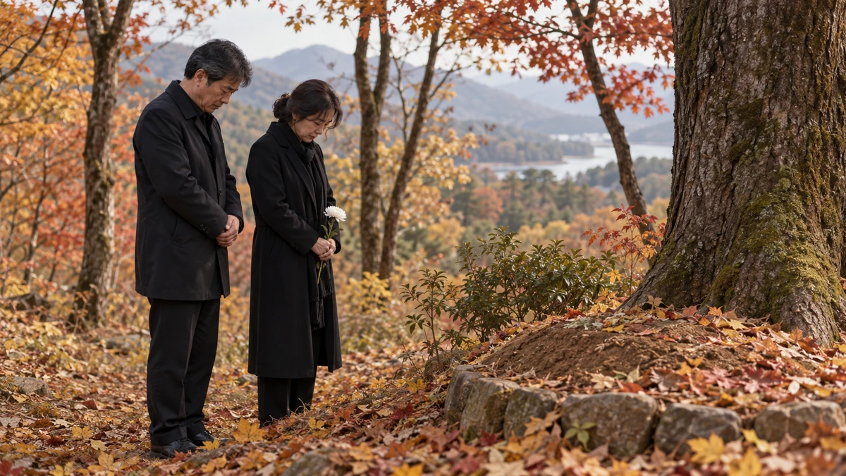가을 숲 수목장 나무 앞에서 흰 국화를 들고 묵념하는 부부