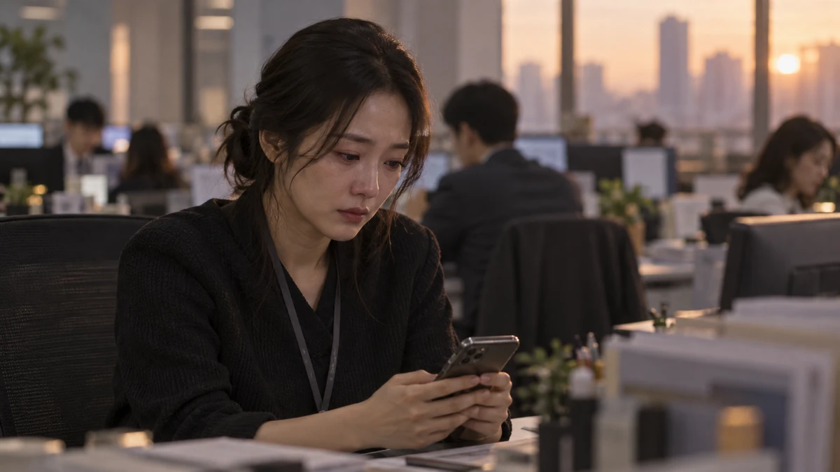 사무실 책상에서 휴대폰으로 동료의 부고 소식을 확인하는 직장인