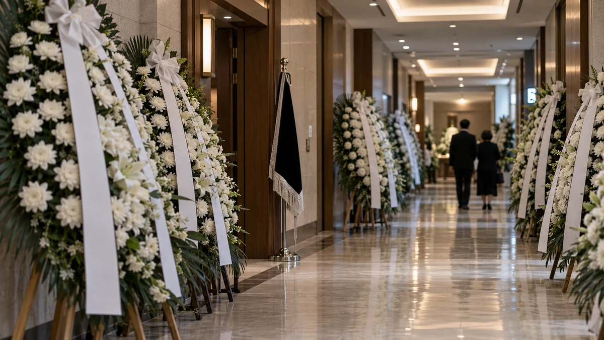 장례식장 복도에 나란히 놓인 근조화환과 근조기