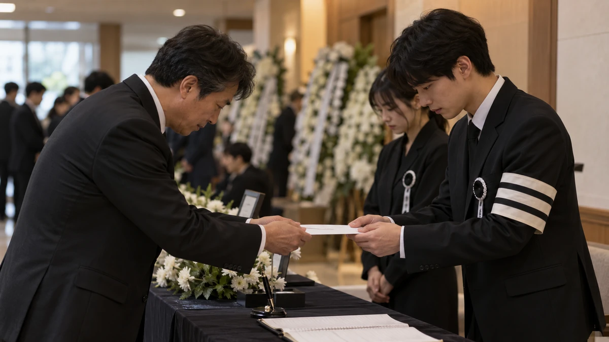 장례식장 접수대에서 상주에게 부의 봉투를 두 손으로 건네는 조문객