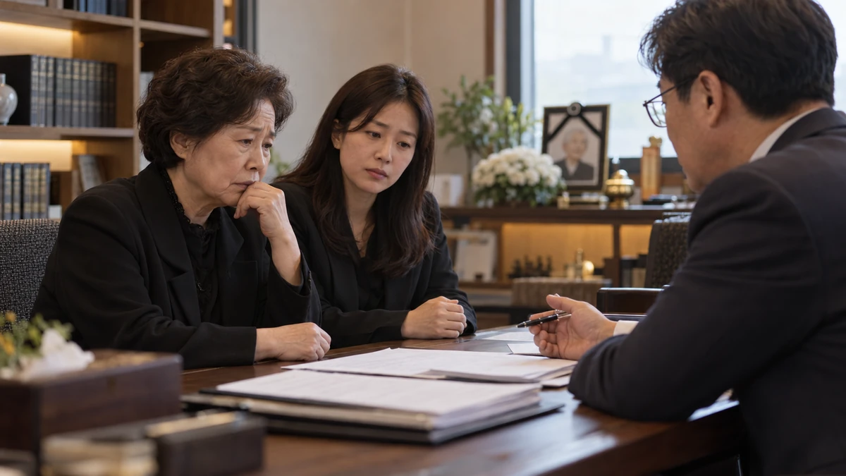 법률 상담실에서 상속 서류를 앞에 두고 상담을 받는 어머니와 딸